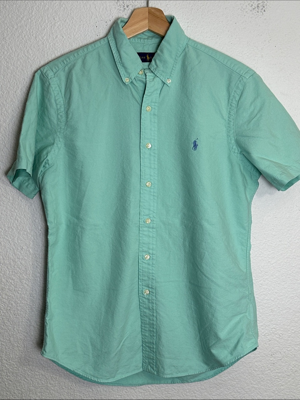 Ralph Lauren Button Down Short Sleeve Shirt Mint Green Slim Fit Cotton Small - Picture 2 of 9